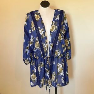NEW-ANA Women's Plus Size 3X Blue Floral Tie Waist chiffon coverup cardigan